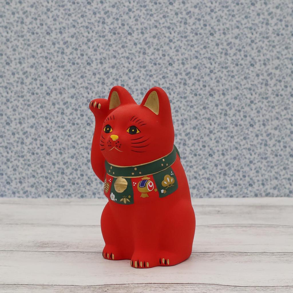 Yakushi Kiln Fukuzukushi Glückskatze Maneki-neko (Rot, Klein) (mit Aufkleber)