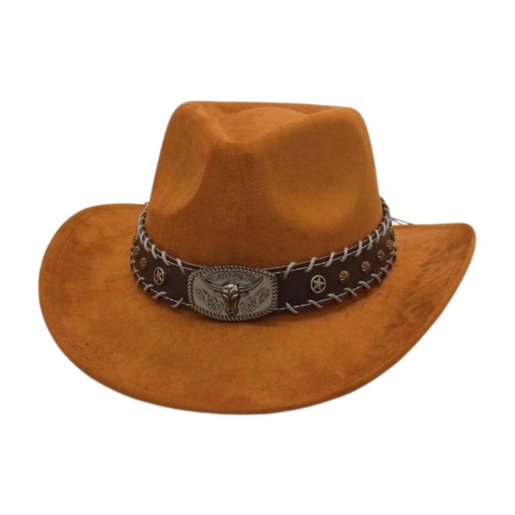 Ethnic Pattern Cowboy Hat Male Wool Felt Western Sombrero Cap Classic Riding Travel Fedora Hat Metal Bull Head Gentleman Hat