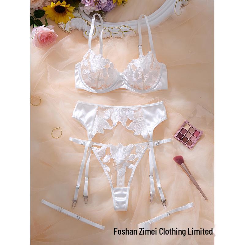 Elegant Embroidered Lingerie Set: Sheer Stockings, Non-Slip Garter Belt & T-Back