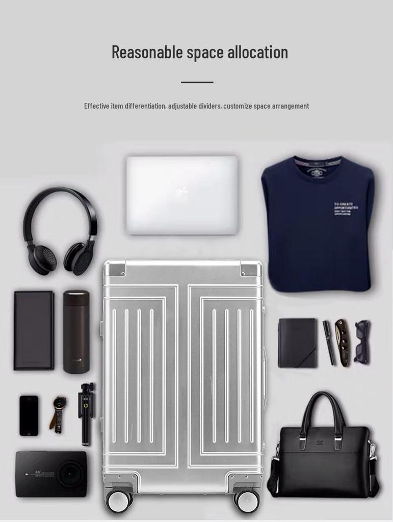 Aluminum-Magnesium Alloy Suitcase with Aluminum Frame, Universal Wheels, Combination Lock - 24" Carry-On for Students & Men's Business Travel.