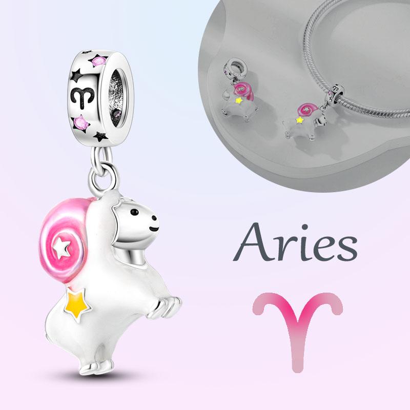 Copper Charms Luminous 12 Constellations Pisces Aquarius Aries Pendants Fit Original Pan Bracelet Diy