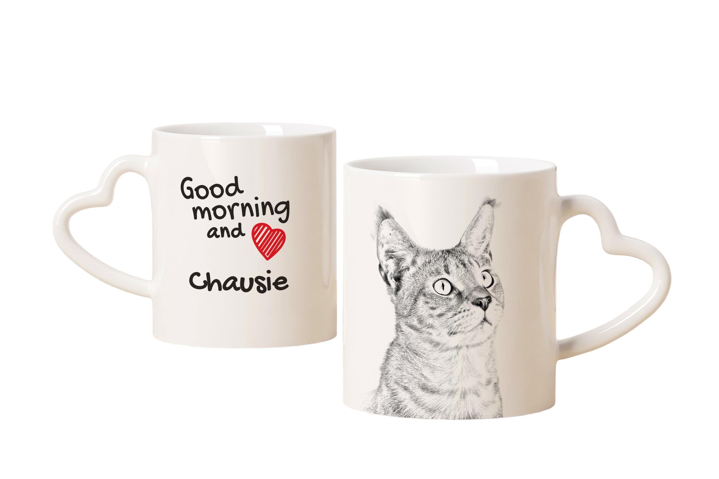 

Chausie - cat mug, adorable heart-shaped handle mug, universal gift from Art-Dog brand білий