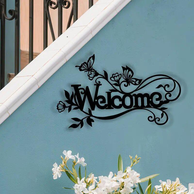 Cross-Border Ferrous Metal Welcome Sign - Creative Wrought Iron Wall Decor for Garden or Home