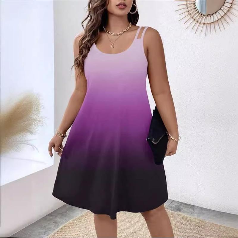 Plus Size Women's Shoulder Strap Dress Summer Round Neck Fashion Gradient Printed Casual Suspender Vest Dresses Women
