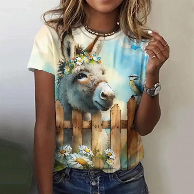 Cute Cow Donkey Pattern  Women Flower Animals 3D Printed Summer Fashion Street O-Neck Tops Short Sleeve