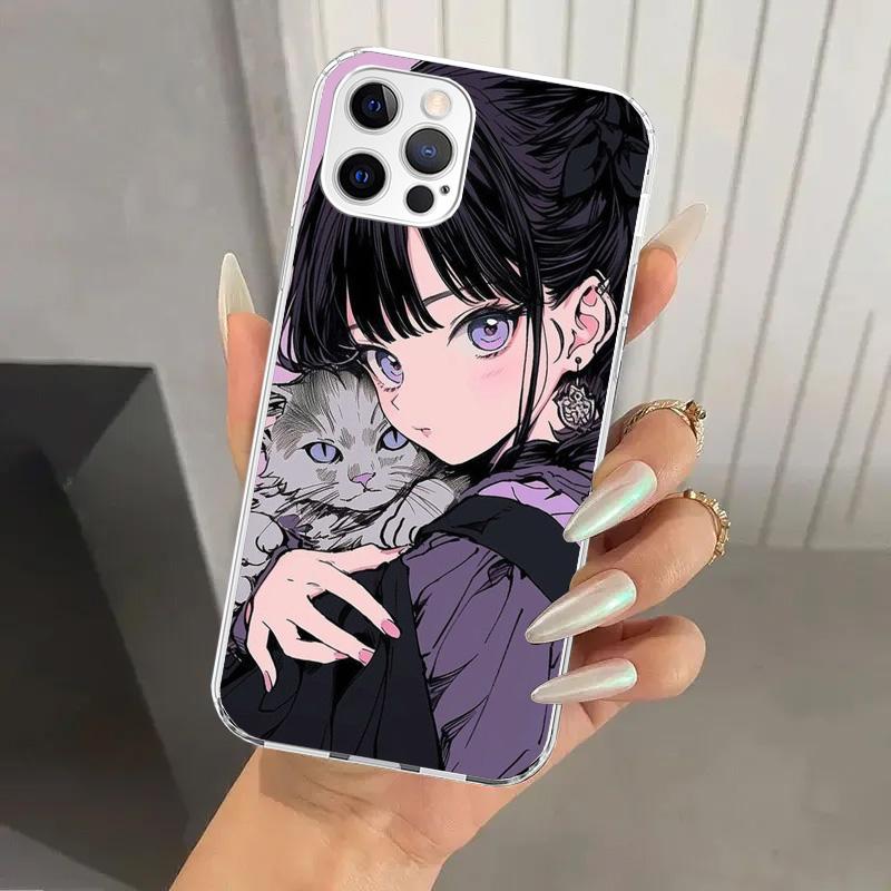 Anime Girls Cute Black Cat Phone Case for Iphone 17 Air 16 15 Plus 14 13 Mini 12 11 Pro Max 16E 7 8 SE 2020 Soft Funda Print She