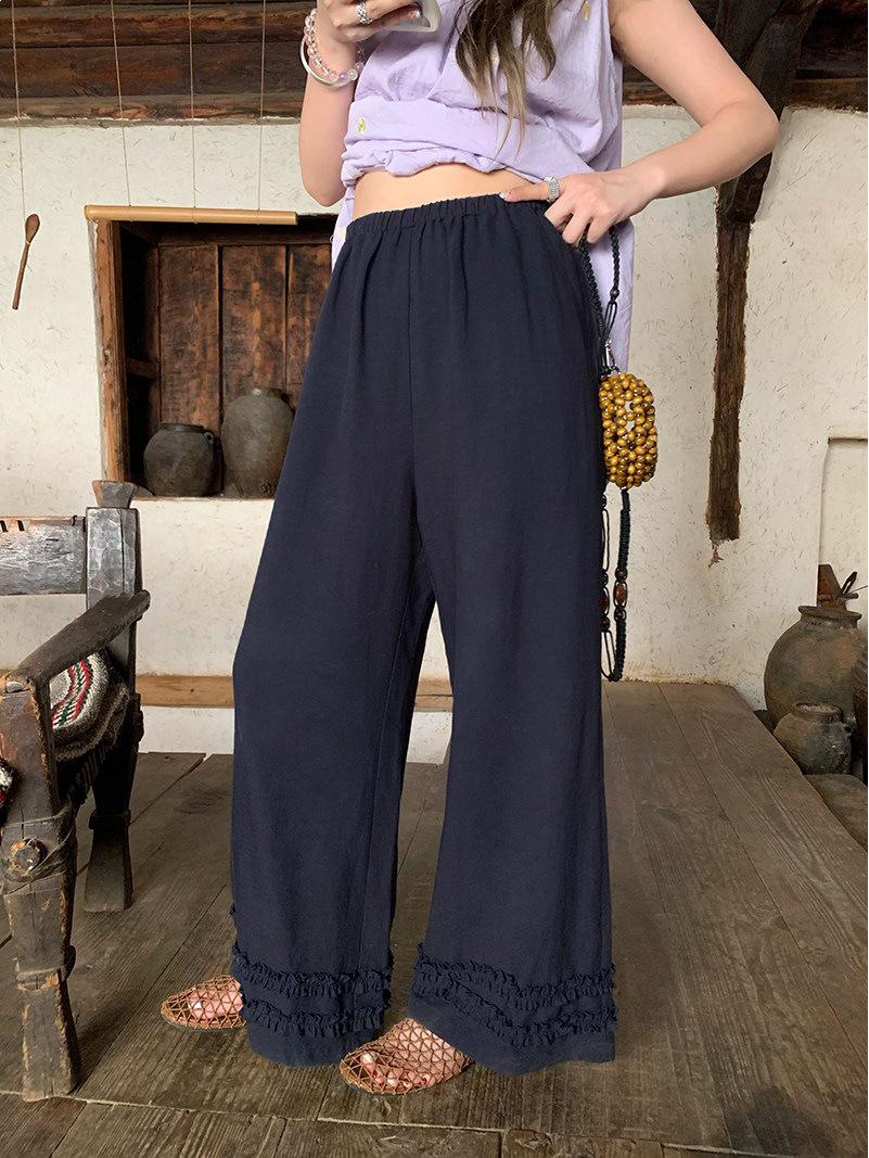 In Stock: Women s Minimalist Ruffled Linen Lyocell Pants for Summer Medium