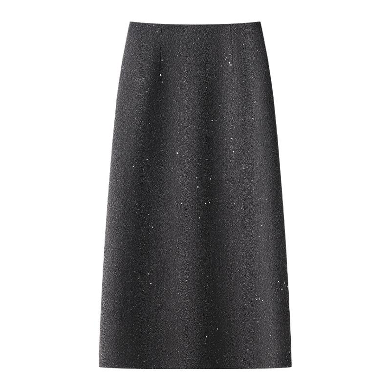 Women's Gray Wool High-Waist Bodycon Midi Skirt - Autumn/Winter 2024 A-Line Design