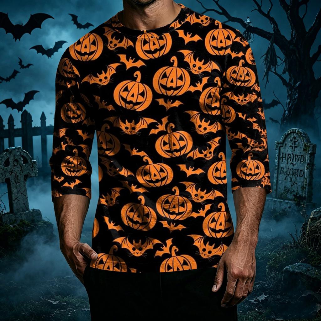 Men Casual Halloween Print Raglan Sleeve T Shirt Crew Neck Three Quarter Sleeve Top for Everyday Wear
