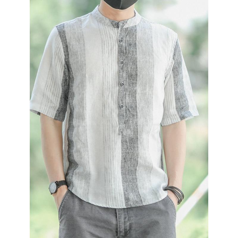 Striped Linen All Match Short Sleeved Men's Shirt Summer New Item, Thin Cotton Linen Breathable Loose Collar Casual Top