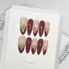 10Pcs French Glossy False Nails Red Oval Long Pointed Artificial Nails With Flower Engraving Design For Party Wedding