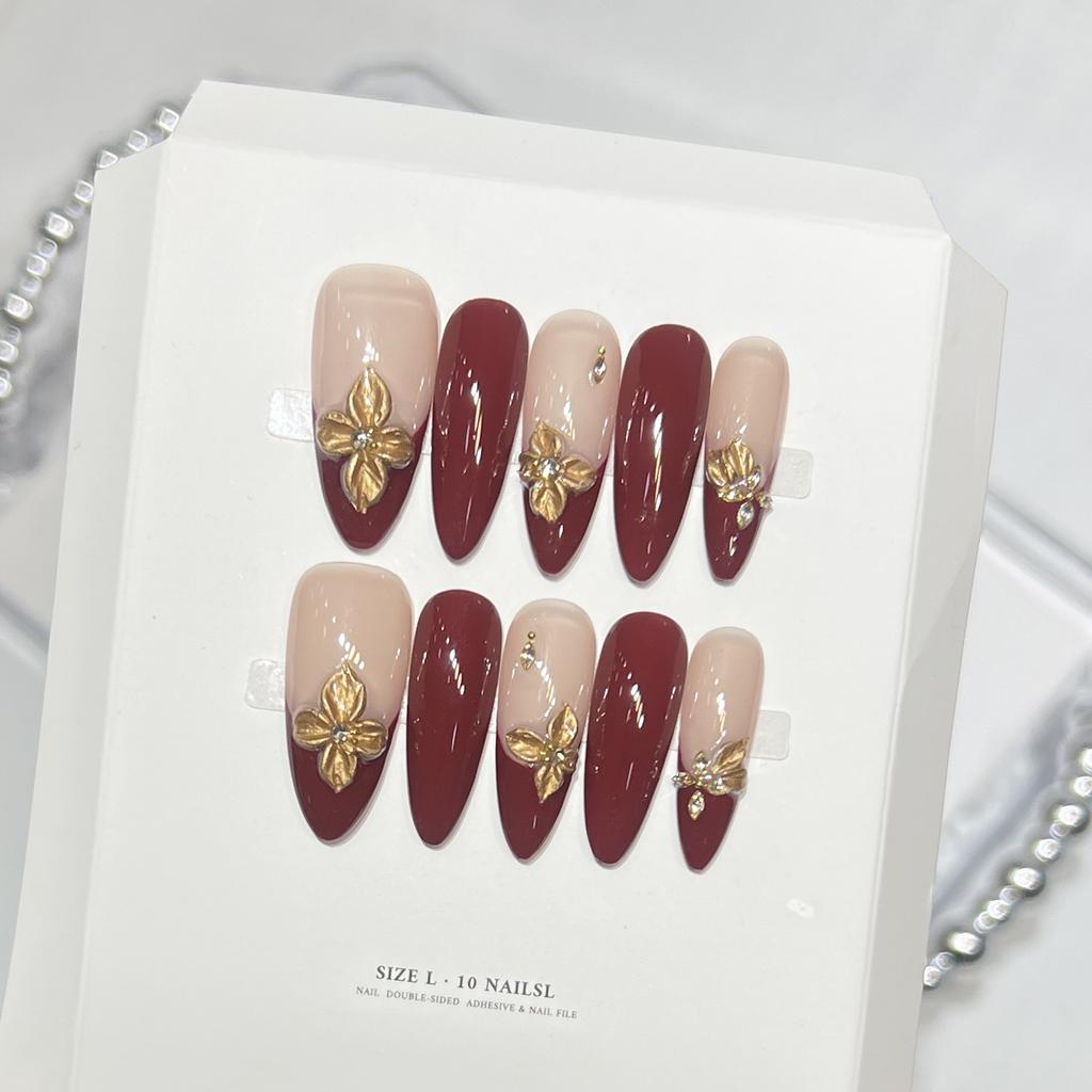 10Pcs French Glossy False Nails Red Oval Long Pointed Artificial Nails With Flower Engraving Design For Party Wedding