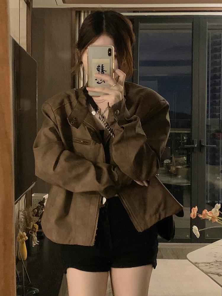 Americká retro hnědá motocyklová kožená bunda Ženy Módní Design Krátká ramenní vycpávka Bunda Grunge Estetický tenký kabát Streetwear
