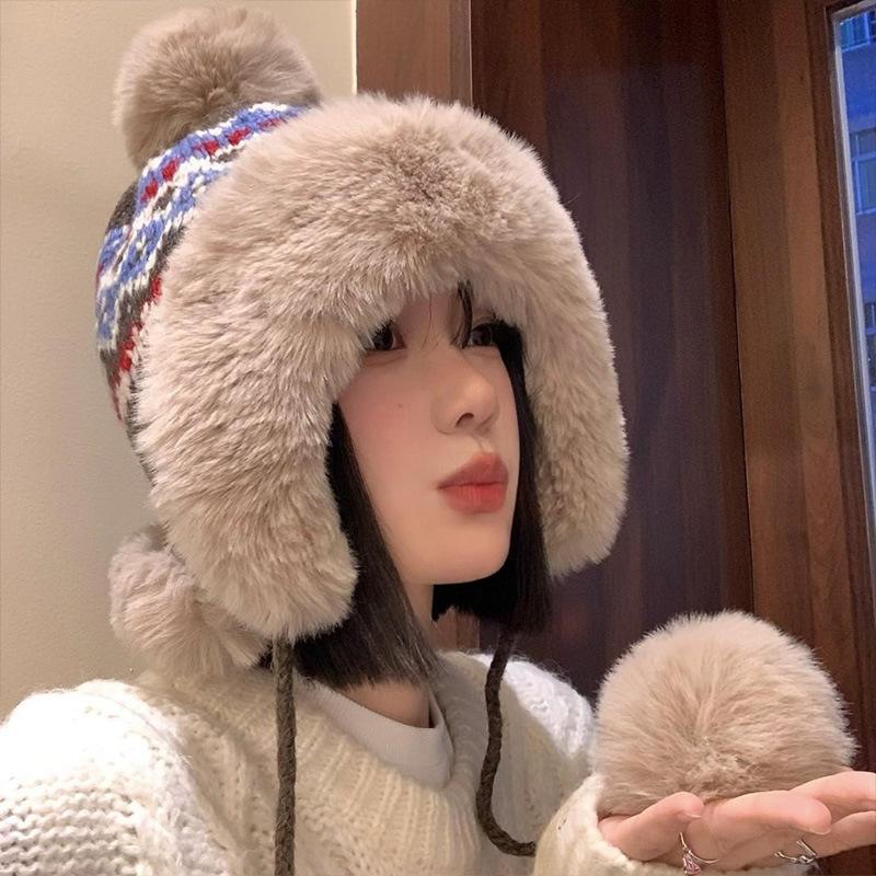 Fair Island Jacquard Knitted Lei Feng Hat Women's Winter Warm Thickened Fleece Ear Protector Outdoor Northeast Ski Hat