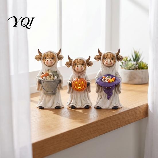 Holiday Desk Display 3Pcs Halloween Ghost Highland Cow Figurines, Resin Yak Statues with Pumpkin, Farmhouse Dark Aesthetic Gift Tabletop Ornaments for