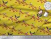 Soimoi Yellow Japan Crepe Satin Fabric Red Berries & Bullfinch Bird Fabric Prints By Metre 42 Inch