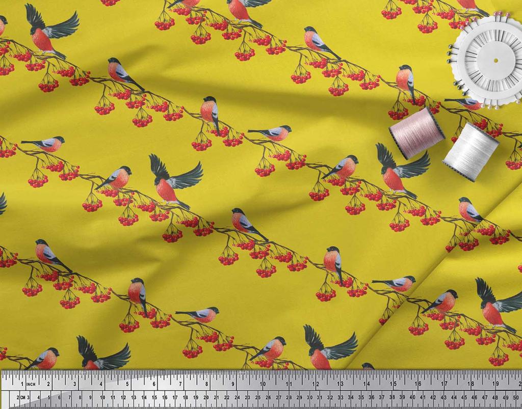 Soimoi Yellow Japan Crepe Satin Fabric Red Berries & Bullfinch Bird Fabric Prints By Metre 42 Inch