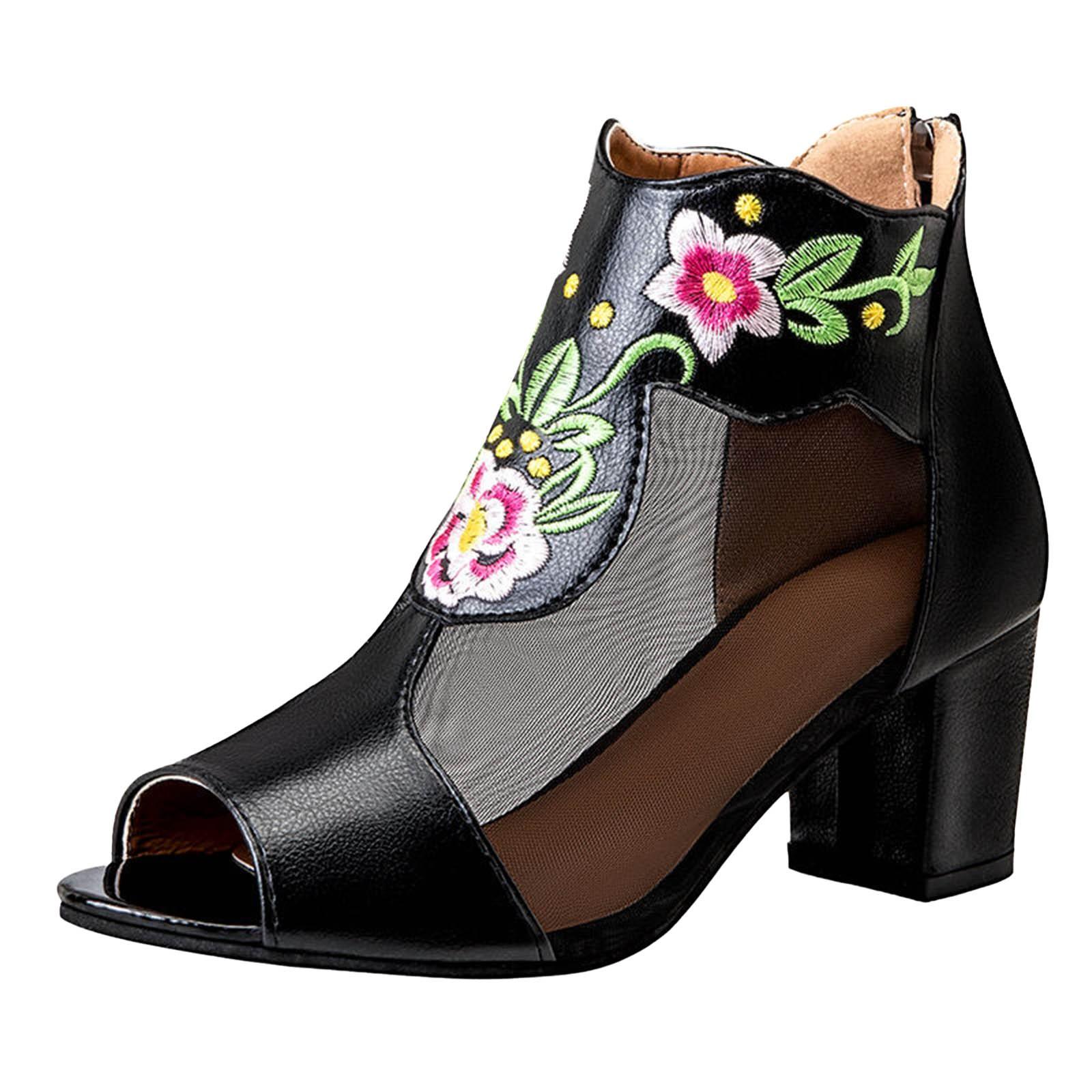 

Сандалии с вышивкой на толстом каблуке и молнией Женская обувь Женские сандалии чёрный