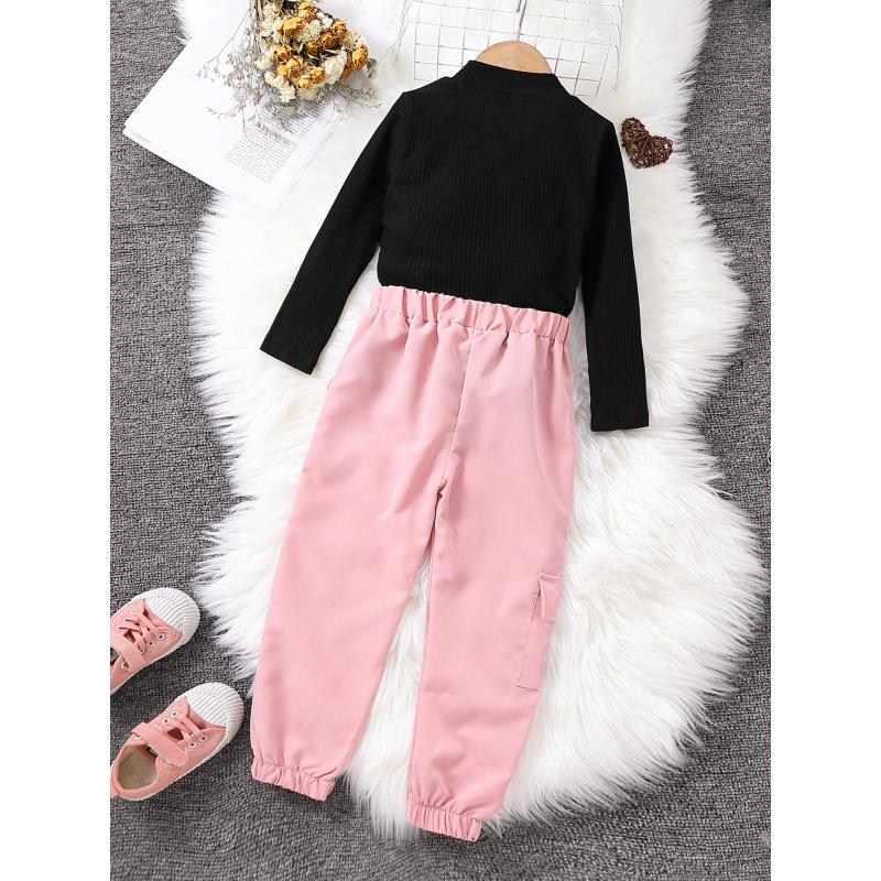 Autumn Children Clothing Knitted Pullover Top + Fashion Cargo Elastic Waist Long Pants Set