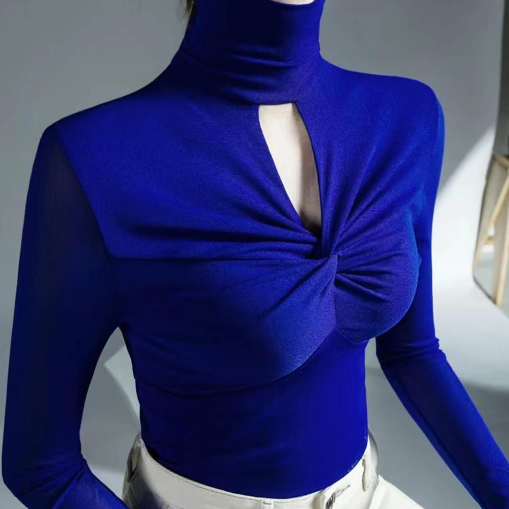Spring Autumn New Turtleneck Mesh Bottoming Shirt Women's Slim Fit Hollow Out Long Sleeved Tshirt Fashion Solid Color Top S-4XL
