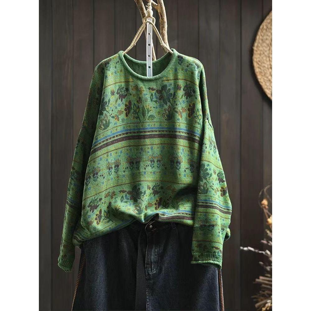Woman Autumn Niche Vintage O-Neck Casual Loose Retro Sweater Chinese Style Long Sleeves Print Sweater