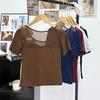 Mesh solid color V-neck T-shirt women's with chest pads, medium sleeves, summer new slim-fitting and thin inner bottoming shirt, foreign-style top