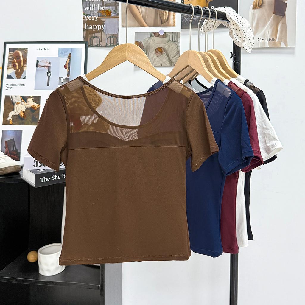 Mesh solid color V-neck T-shirt women's with chest pads, medium sleeves, summer new slim-fitting and thin inner bottoming shirt, foreign-style top