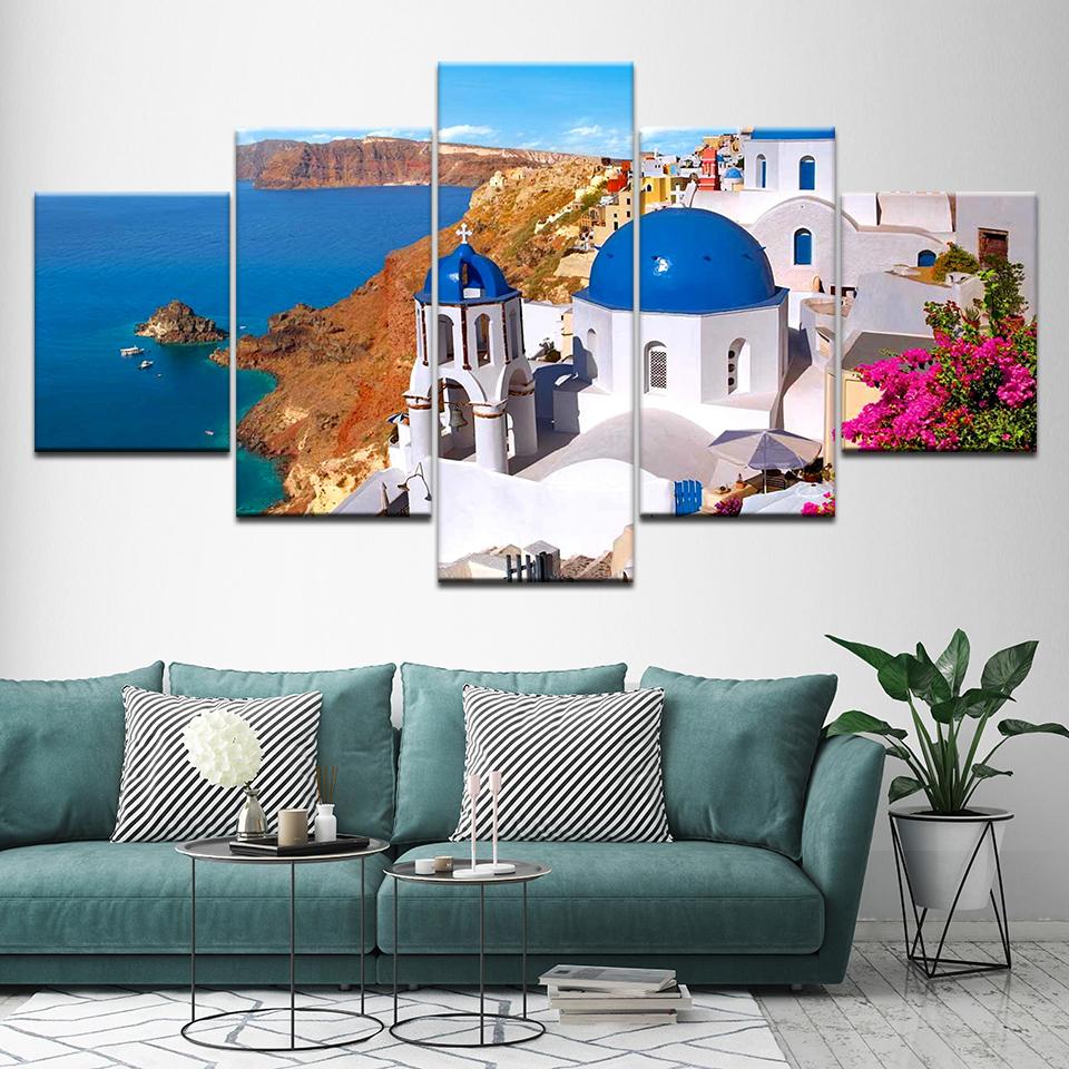 Canvas Painting thira Greece Santorini Blue Ocean 5 Pieces Wall Art Painting Modular Wallpapers Poster Print Home Decor 20x35 20x45 20x55cm
