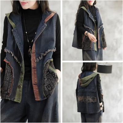Hooded Denim Vest Women's Stitching Loose Literary Retro Zipper Double Pocket Wash Vest