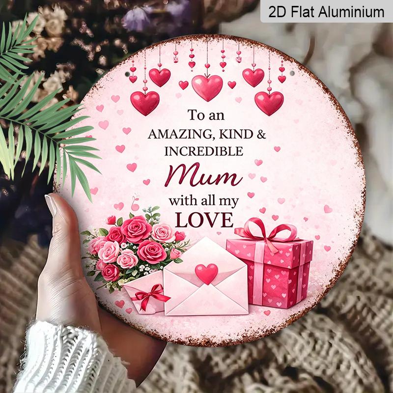2D Flat, 1pc Round Aluminum Hanging Sign - "To an Amazing Mum" Pink Heart & Rose Metal Wall Art, Sweet Love Quote Design, Perfect for Mother's Day