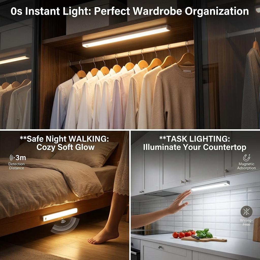 Motion Sensor LED Cabinet Light Bar Magnetic Under Cupboard Kitchen Lighting USB Rechargeable Night Light