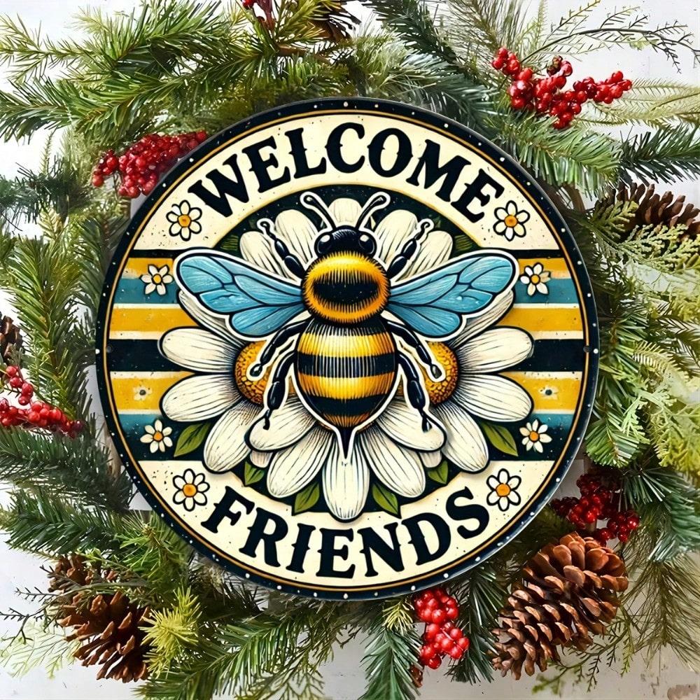 Vintage Metal Wall Art Round Welcome Sign with Bee Daisy Home Decor for Living Room Patio 20x20