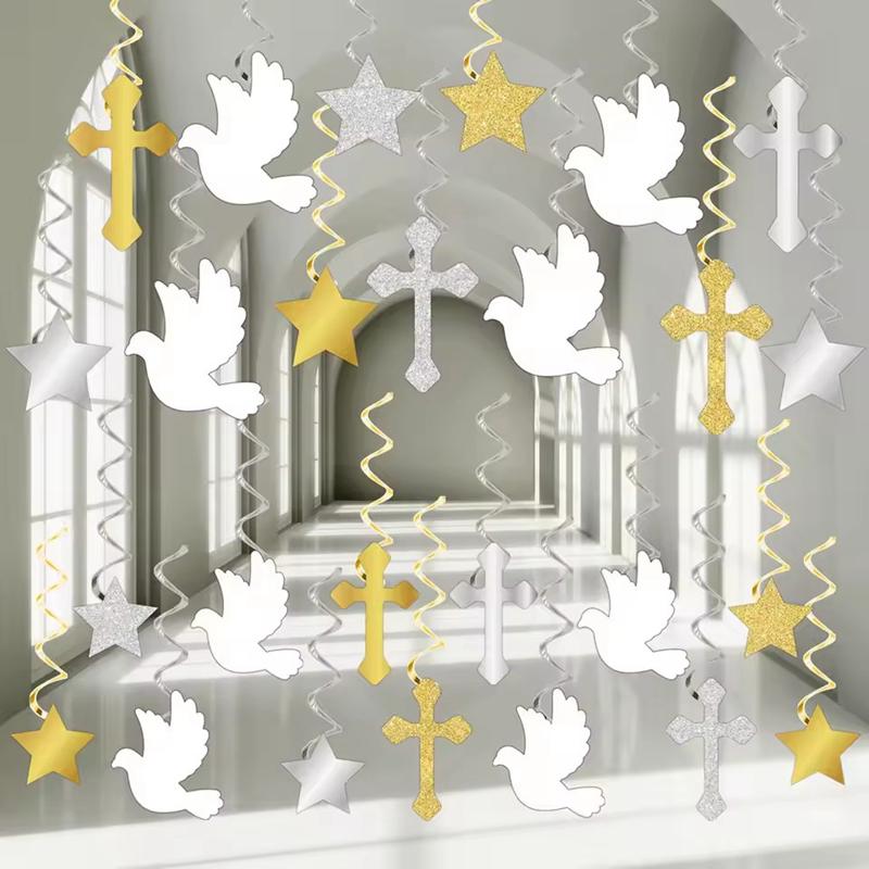 6/12Pcs First Communion God Bless and Peace Pigeon Paper Hanging Swirls Baptism Decor for Wedding Bridal Party Decor Baby Shower