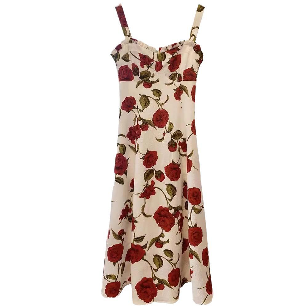 Women's French Retro Rose Floral Suspender Dress - Elegant and Chic Long Design