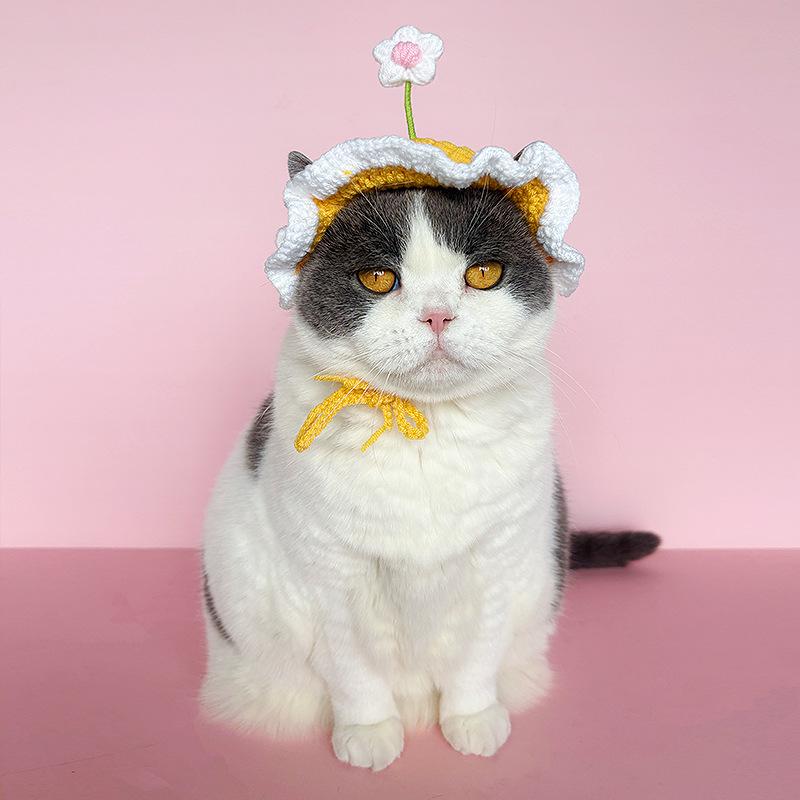 Handmade Cute Pet Knitted Hat with Small Flower Decoration for Dogs