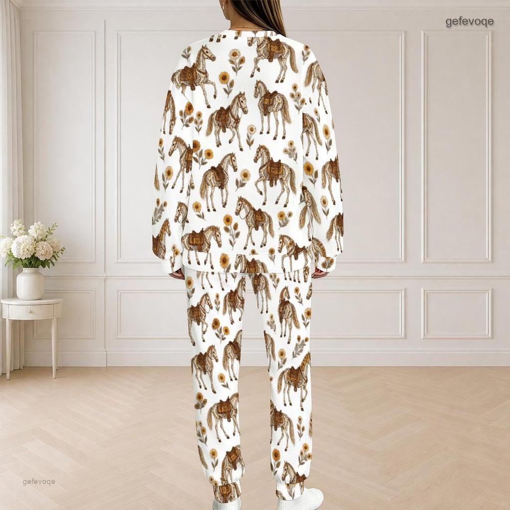 Women Plus Size Printed Round Neck Long Sleeve Top With Pockets And Long Pants Set