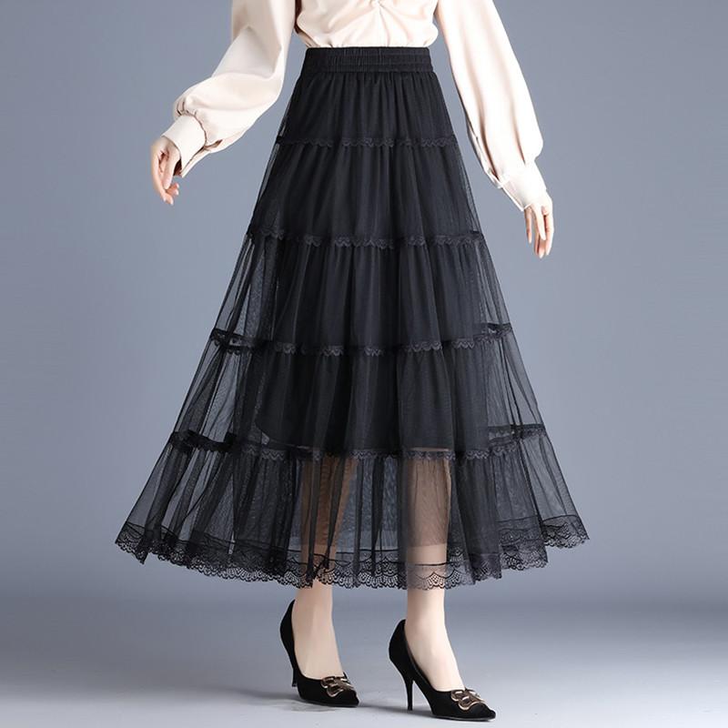 Qooth Damen Lässig Einfarbig Spitze Tüllrock Elegant Elastischer Bund Kuchen Mesh A-Linien-Rock Für Frühling Sommer QT2427