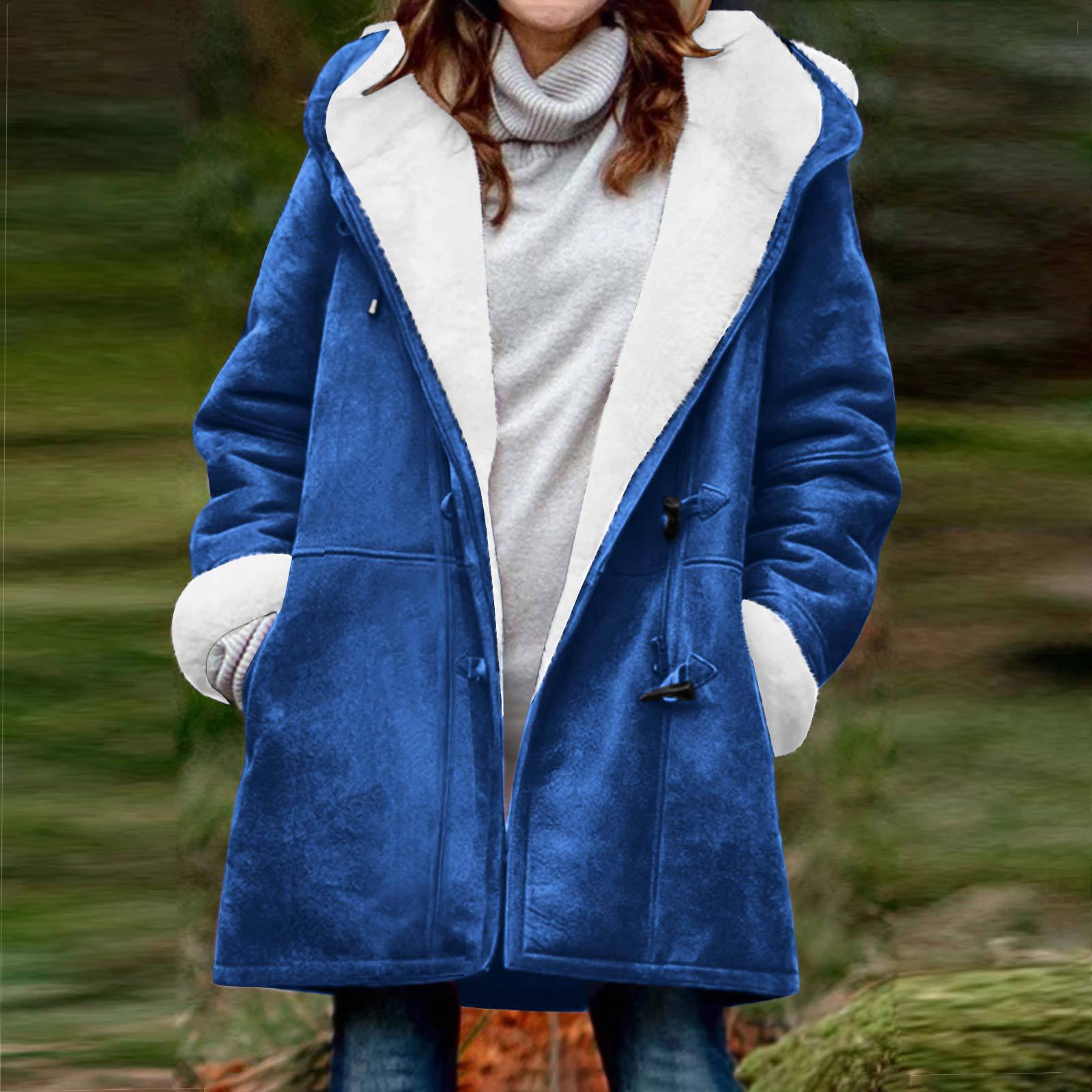 

Women s Winter Coat Fleece Lined Jacket Long Sleeve Horn Button Plush Warm Coat S синий