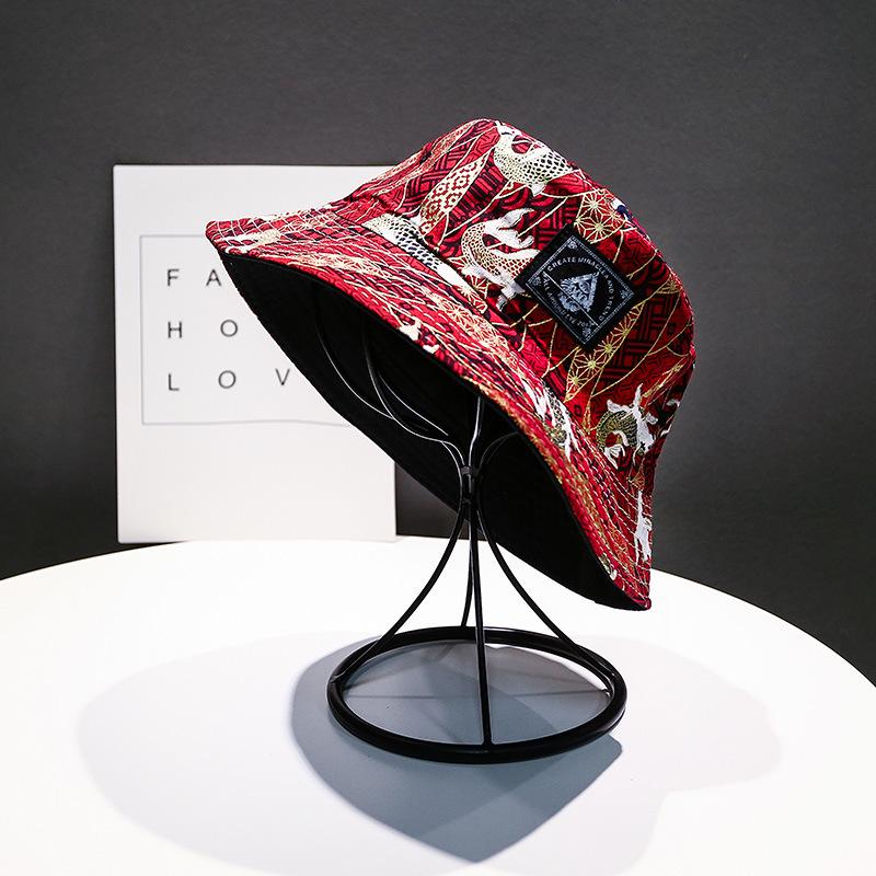 Japanese Style Reversible Bucket Hat - Unisex Koi Fish Embroidery Sun Hat, Couple s Matching Outdoor Fashion Cap ONE SIZE