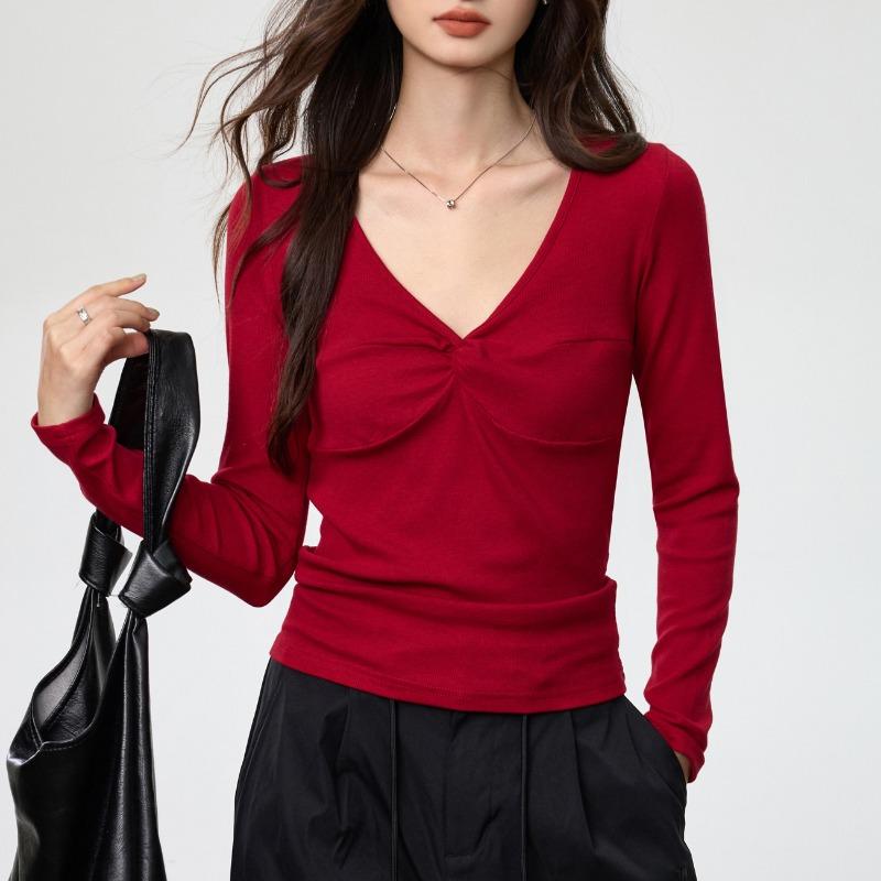 

Eco Silk Temperament Deep Kink Long-sleeved Women s Autumn Clothing New American Hot Girl Pure Desire Red Top S красный