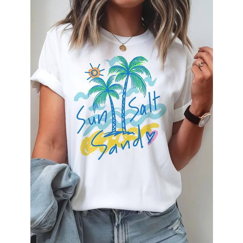 Women Y2K Tropical Palm Tree Sun Print Beach Vacation Casual Tee S белый