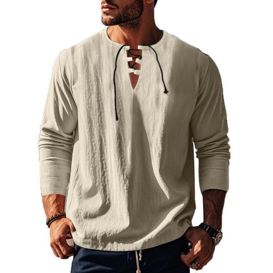Herren-T-Shirt aus Baumwolle mit V-Ausschnitt, langärmelig, lockere Passform, einfarbig, lässiges Sommeroberteil für den Alltag, Straßenparty, Strand