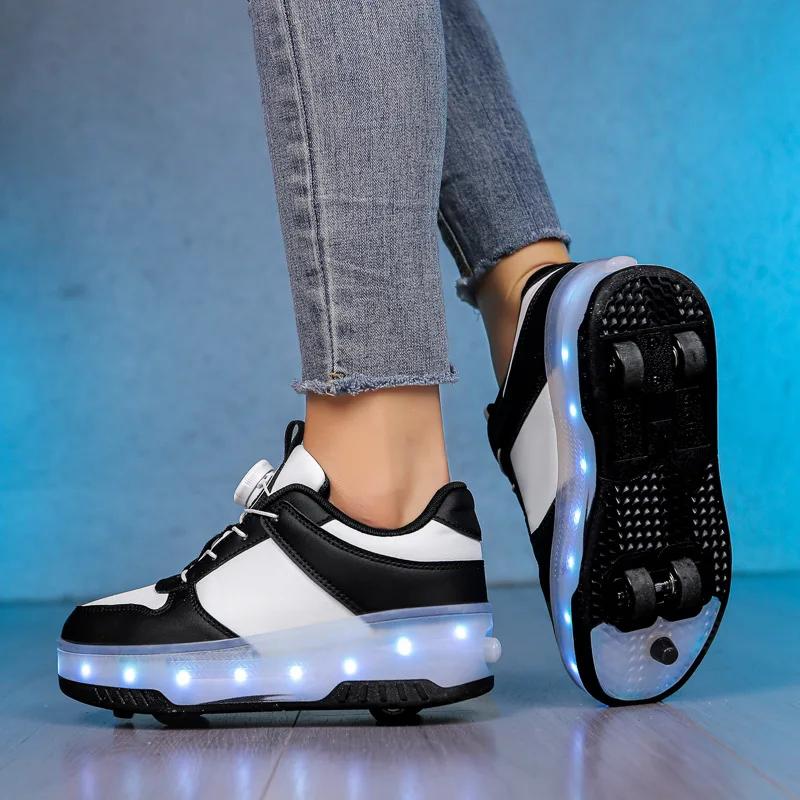 

Children s LED Light Walking Shoes Double Row Four-Wheel Roller Skates Ice Skate Shoes Unisex Kids Wheeling Footwear 30