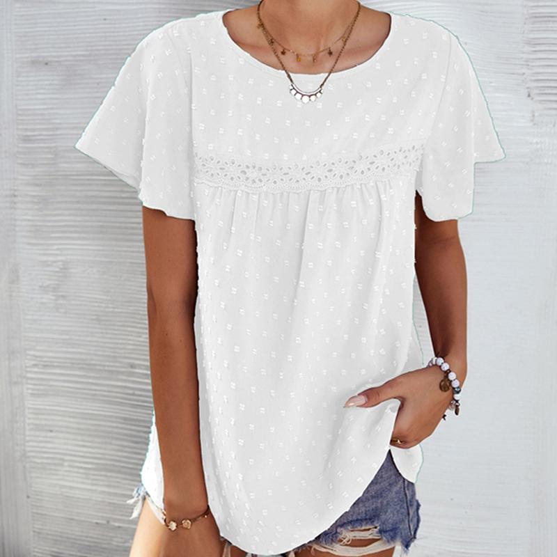 Damen Sommer Rundhals Lotusblattärmel Punktspitze Lässig Locker Top T-Shirt