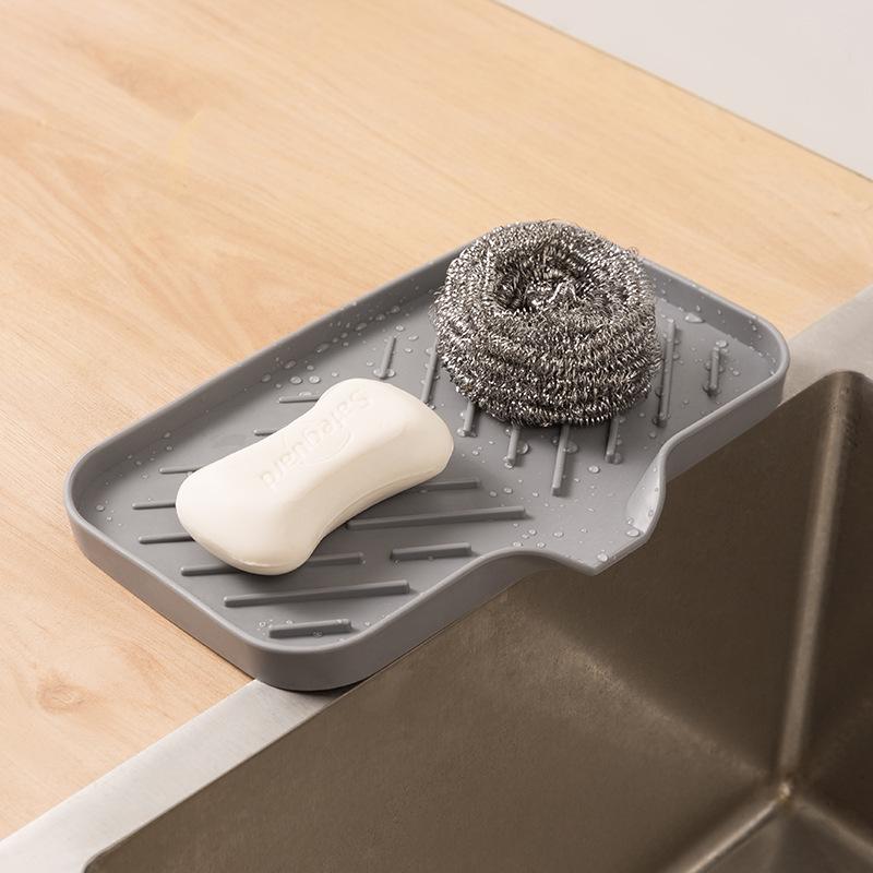 Sink Silicone Tray With Drain Soap Sponge Storage Holder Countertop Sink Scrubber Brush Soap Storage Rack Kitchen Organizer