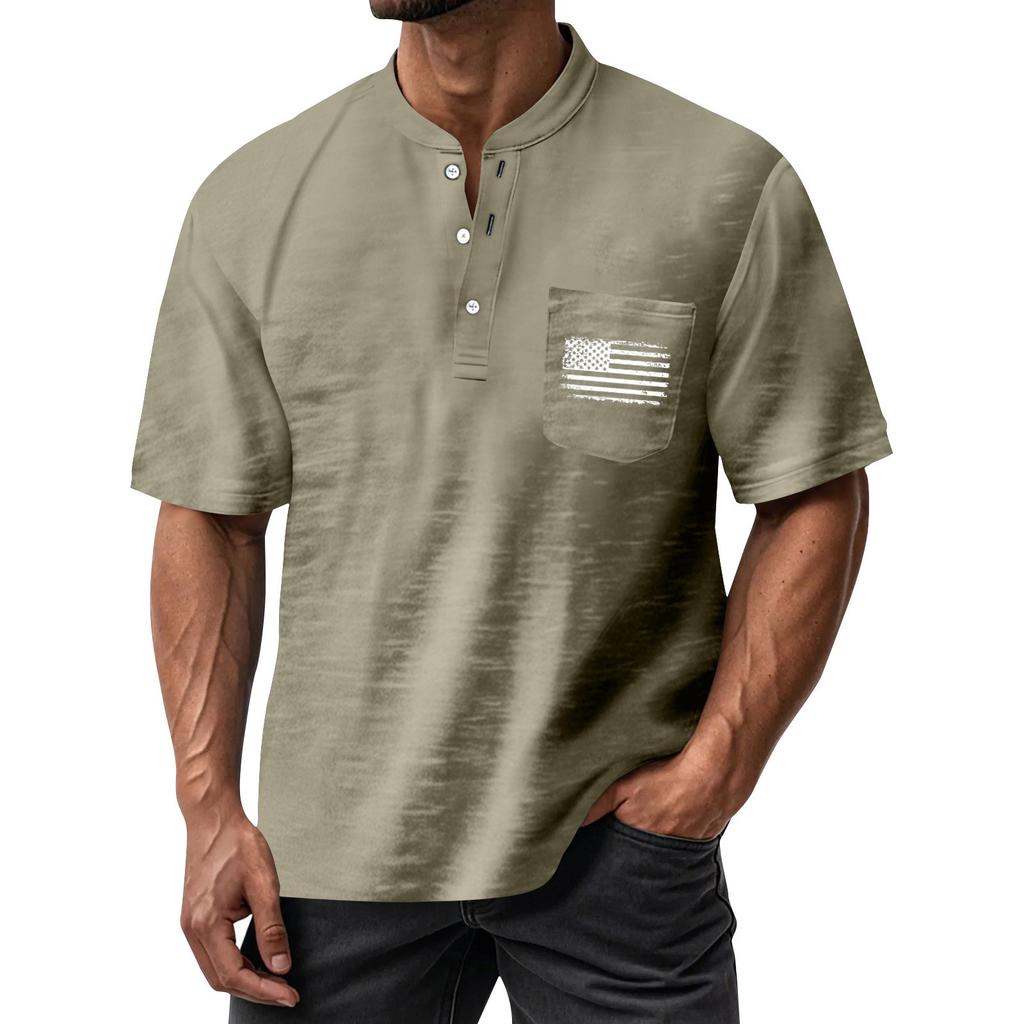 Men's Summer Independence Day Pattern Round Neck Short Sleeve T-Shirt Neck Men's All-match Casual Button Shirt