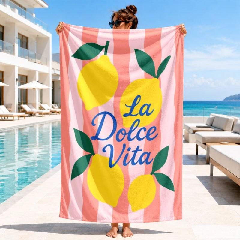 Sketch Italian Summer Style Yellow White Stripe Line Art Lemon Cocktail La Dolce Vita Print Quick Dry Beach Towel