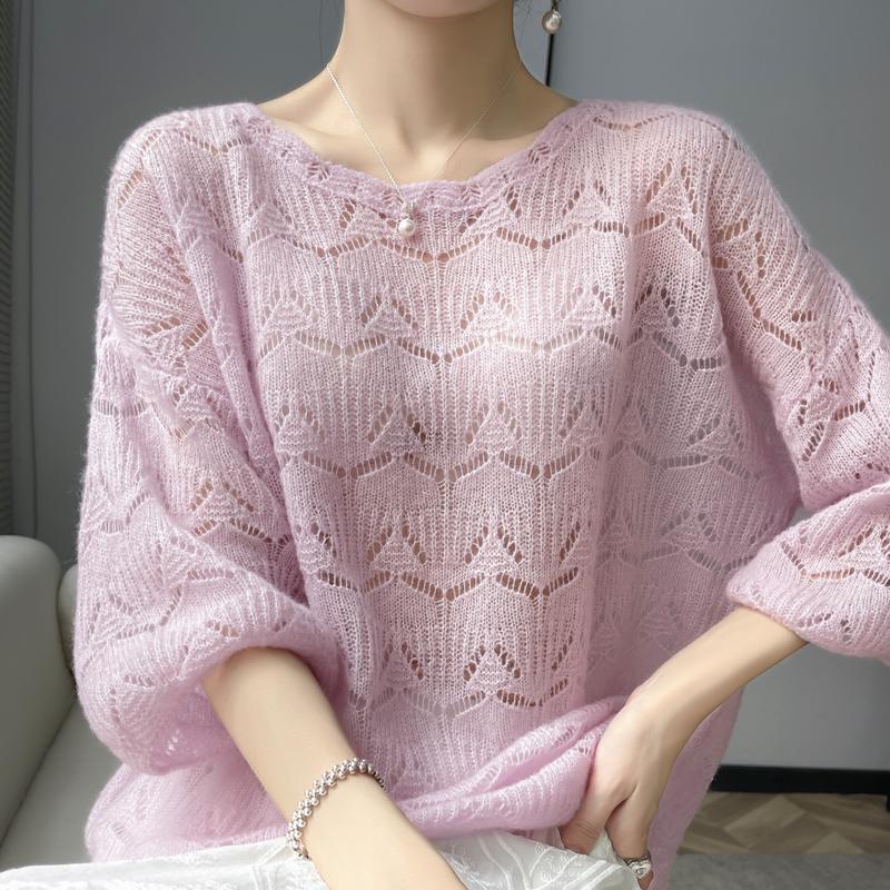 

Жіночий светр з кашеміру з круглим вирізом, в язаний гачком - Вільний, з коротким рукавом, з ажурним візерунком. One Size