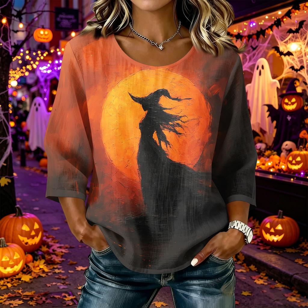 Women's Casual Halloween Print Crew Neck Three Quarter Sleeve Linen Cotton Top Autumn Lightweight Pullover Shirt for Daily Wear