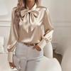 2026 Elegant Lace-up Bow Tie Collar Satin Shirt Spring New Sweet Office Womens Blouse Fashion Casual Long Sleeve Sweet Fall Tops